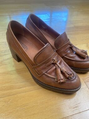 Pikolinos Llanes Leather Tassel Heeled Loafers Brandy Tan Size 37 (6.5-7)